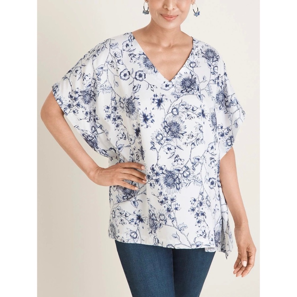 Chico’s “Floral Print Poncho” white/blue floral print batwing top (L/XL)